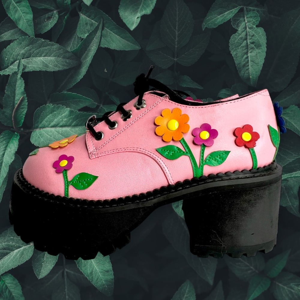 Delia’s Platform Shoes Pink Floral Flower Chunky Lace Up Size 5 Faux Leather - Picture 9 of 15